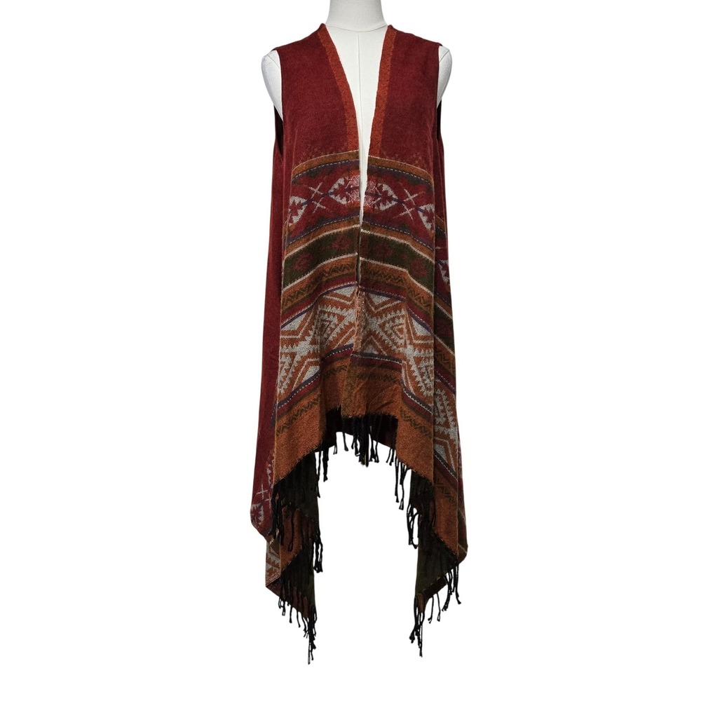 Earthbound Trading Co‎ Sweater Vest Womens Medium Red Aztec Fringe Knit Boho